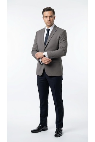 Plus Scorpion Erkek Slim Fit Ceket Likralı Fitilli Kumaş, Çift Düğmeli Tek Yırtmaçlı Modern Tasarım Füme