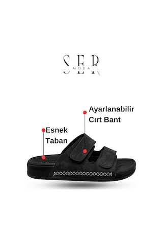 Sermoda Erkek Terlik - Cırtlı Bantlı Rahat Kalın Tabanlı Deri Erkek Terlik Siyah
