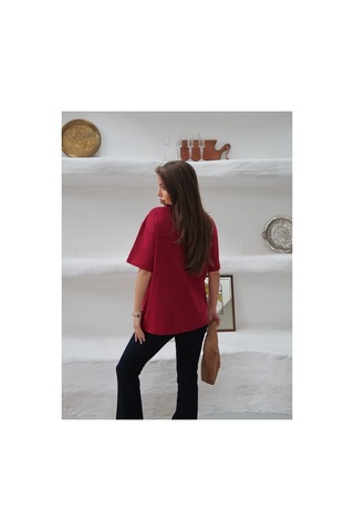 Paw Garage Kadın Mia İnterlok Kumaş Bisiklet Yaka Oversize T-shirt Bordo