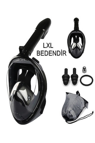 Lxl Beden Dalış Maskesi Ekipmanları 360 Derece Full Face Dalış Maskesi Buğu Önleyici Yüzme Gözlüğü Şnorkel Siyah
