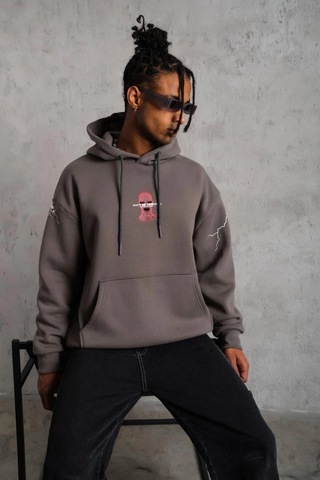 Novalisse Erkek 3 İplik Pamuklu Kapüşonlu Baskılı Cepli Oversize Sweatshirt Hoodie - Gri Çoklu Renk