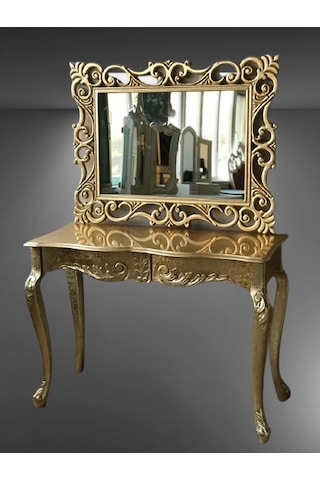 Dresuar Aslan Ayak Model Kayın Torna Parlak Gold Lake Çekmece Ayna Lüx Oyma Gold