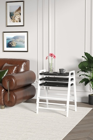 Zigon Sehpa , Aden 3'lü Tepsi Zigon Sehpa Takımı Beyaz Metal - Siyah Mermer Tabla Beyaz-siyah Mermer