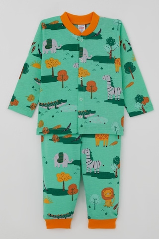 Breeze Erkek Bebek Pijama Takımı Safari Temalı Sevimli Hayvancıklar Desenli Önden Çıtçıtlı 4 Ay-1 Yaş, Yeşil
