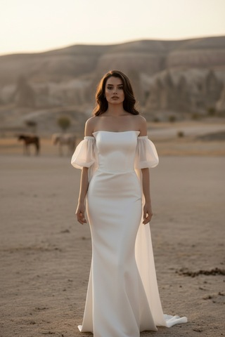 Berissima Bride Balık Nikah Elbisesi, Kırık Beyaz, Balon Portatif Kol, Kayık Yaka, Evden Çıkış Elbisesi, Ophelia Kırık Beyaz Kırık Beyaz