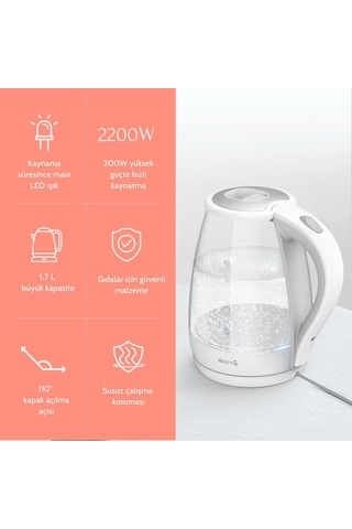 Deerma Sh30w 1,7lt Mavi Işıklı Cam Kettle & Su Isıtıcı
