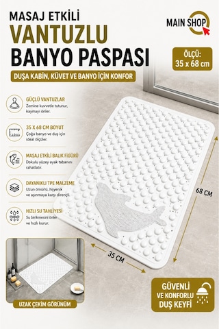 Mainshop 1 Adet Vantuzlu Banyo Ve Duş Kaydırmazı Duşa Kabin Küvet Içi Paspası Balık Desenli 35 X 68 Cm M-10 Beyaz