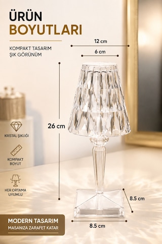 Rgb Led Dekoratif Ambiyans Masa Gece Lambası Uzaktan Kumandalı Şarjlı Dokunmatik Abajur Kristal Beyaz