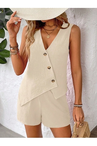 Etiler Collection Kadın Askılı Önü Düğmeli Asimetrik Detaylı Bluz Ve Astarlı Short Ikili Takım Bej