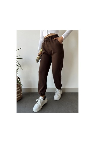 Gugus Trend Kadın Kışlık Kalın İçi Polarlı Yüksek Bel Paçası Lastikli Basic Jogger Eşofman Altı Kahverengi