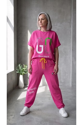 Byemelika Üzeri Taş Baskı Detaylı, Oversive, Bel Lastik Detaylı Bluz & Pantolon Takım Pembe