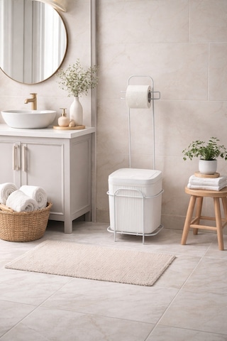 Decorev Metal Standlı Click Kapaklı Banyo Kovası & Tuvalet Kağıtlıklı Banyo Seti Beyaz