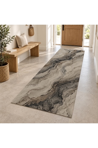 Kartela Halı Mineral Akış Gri Antrasit Koridor Mutfak Yolluk Halısı Kaymaz Taban 100x300 Cm