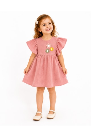Tucankids Kız Çocuk Pembe Müslin Elbise Fırfır Kollu