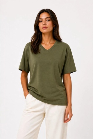 Wear Vexel Kadın V Yaka Basic Tişört Kısa Kol Yazlık Regular Fit T-shirt - Haki Haki