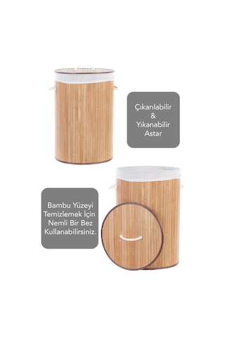 Naturel Yuvarlak Kirli Çamaşır Sepeti - Bambu Katlanabilir Çamaşır Sepeti Sele 35x50 Cm 60 Lt Bej Bej