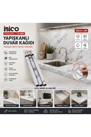 2mt X 60cm Beyaz Mermer Desenli Tezgah Üstü Folyo Sticker - Duvar Kağıt Kendinden Yapışkanlı - Eko Dekorasyon - Dayanıklı 5580