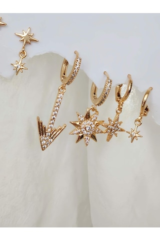 6'lı Ok Yıldız Kutup Yıldızı Altın Kaplama Gold Küpe Seti Gold