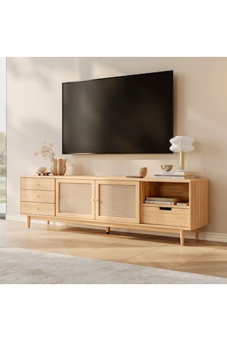 Ahşap Rattan Kapak Detaylı Modern Tv Ünitesi Natürel