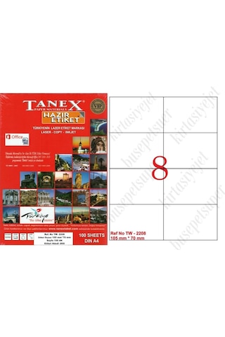 Tanex Tw-2208 Ebat 105 X 70 MM Lazer Etiket A4 Sayfada 8 Etiket