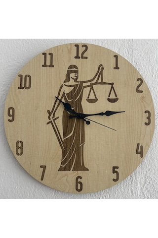 Pelince - Justitia Adalet Terazisi - Ahşap Duvar Avukat Saati Kişiselleştirilebilir - Açık Ahşap - 40 Cm Ahşap