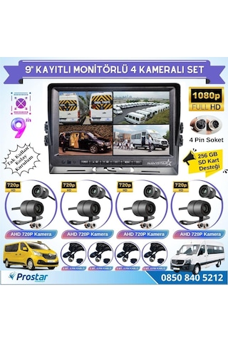 9 Inç Dörde Bölünür Kayıtlı 256gb Sd Destekli 4 Kameralı 720p Ahd 4 Pin Soketli Tak Kullan Kamera Seti