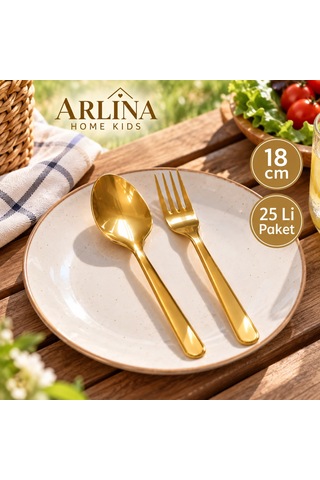 25 Kişilik Gold Plastik Çatal-kaşık Seti 50 Parça Gold - Krem