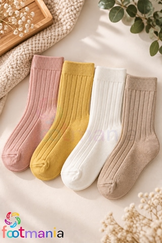 Footmania 4 Çift Soket Çocuk Dizaltı Fitilli Renkli Çorap Seti Extra Yumuşak Çok Renkli