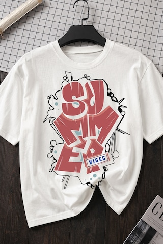 Spoyi Summer Vibe Tasarımlı %100 Pamuk Yarım Oversize Beyaz T-xlhirt