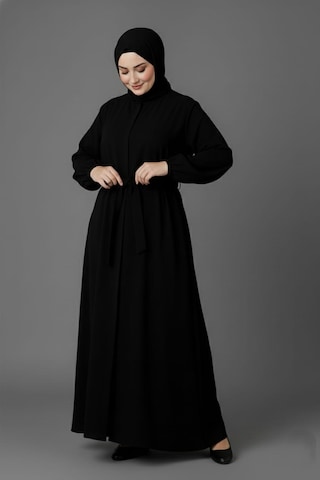 Medine İpeği Mevlana Kesim Cepli Kuşaklı Bol Büyük Beden Ferace Siyah