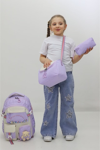 Kız Çocuk Okul Çantası 3lü Set Beslenme Kalemlik Peluş Aksesuarlı Lila İlkokul Anaokulu Mor