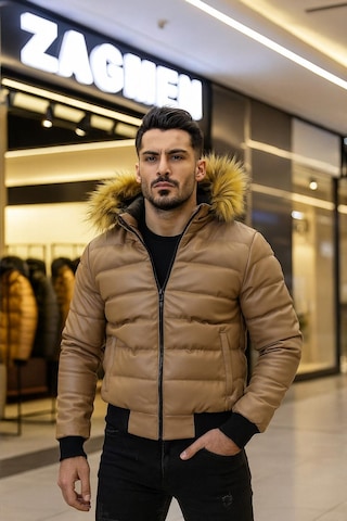 Zagmen Erkek Kürk Yaka Şişme Suni Deri Mont Taba
