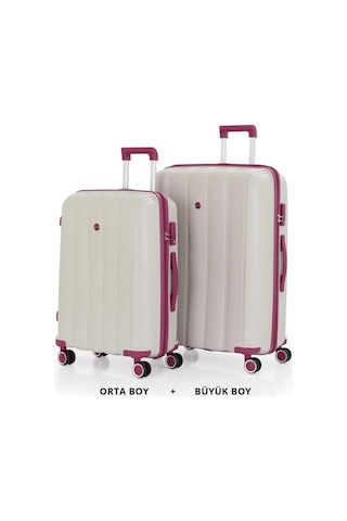 Mçs Bavul Büyük Ve Orta 2li Set Kırılmaz Silikon Valiz V305 Kemik/mürdüm Bej