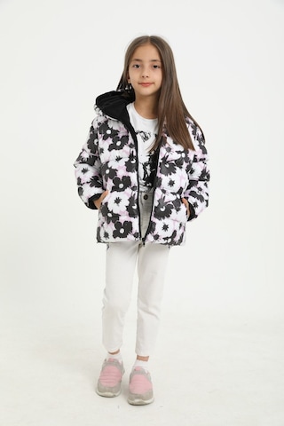 Kız Çocuk Beyaz Mor Çiçek Desen İçi Polar Su Ve Rüzgar Geçirmez Kapüşonlu Cepli Şişme Kışlık Mont Beyaz