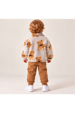 Maxx Kelın Erkek Bebek Ayıcık Desenli Peluş Mont Ve Taba Pantolon 2'li Takım Gri 9-12-18 Ay