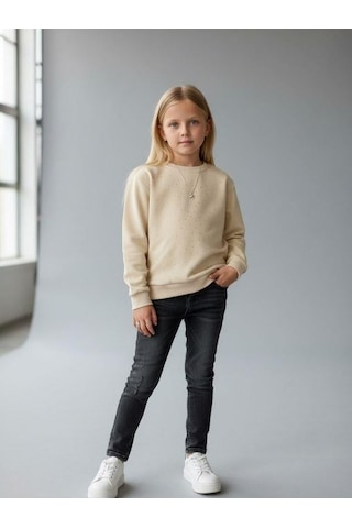 Kız Çocuk Pamuklu Taşlı Sweatshirt-16747 KREM