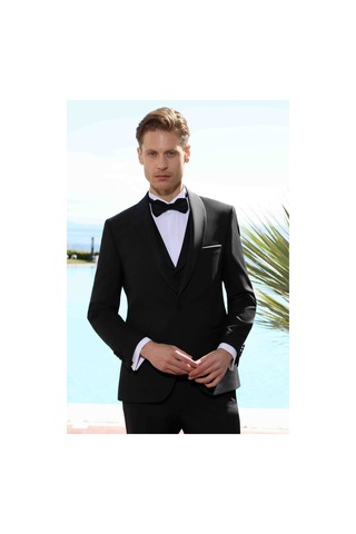Morven Erkek Siyah Poliviskon Ceromonia Santorini Slim Fit Şal Yaka Damatlık Siyah