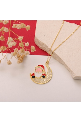 925 Ayar Gümüş Mineli Noel Baba Ve Ay Kolye Gold