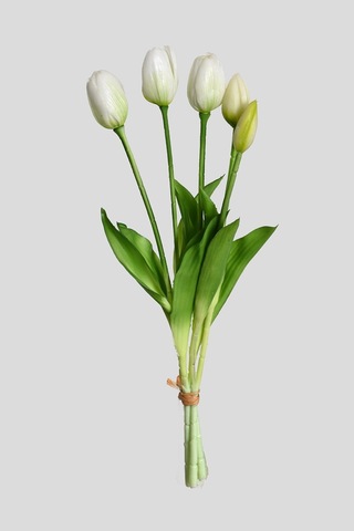 Beyaz Yapay Tulipa Lale Çiçeği Buketi 5 Dallı Premium Canlı Islak Dokulu 43 Cm