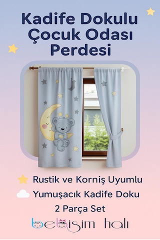 Ayıcıklı Çocuk Odası Çift Kanatlı Fon Perde