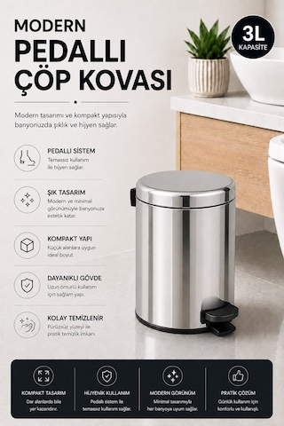 Sas Haus Pedallı Çöp Kovası 3 Litre İç Kovalı Kapaklı Banyo Çöp Kutusu Krom - Elit 7003