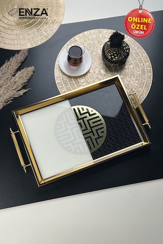Mint Gold Tepsi Cam Baskılı 48x29 Cm Siyah