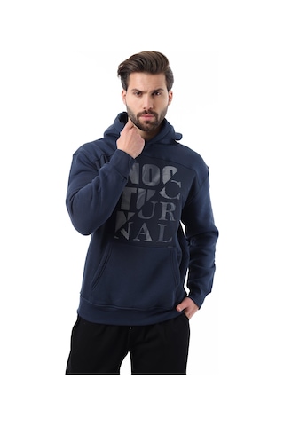Madmext Lacivert Baskılı Kapüşonlu Cep Detaylı Erkek Sweatshirt 7062 Lacivert