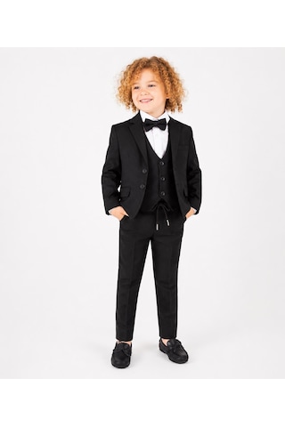 Erkek Çocuk Damatlık 4 Parça Siyah Blazer Ceket & Gömlek & Pantalon & Papyon Şık Takım Elbise 5428-