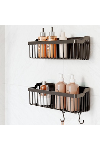 Yapışkanlı Banyo Rafı, 2'li Banyo Düzenleyici, Duş Rafı Organizer Şampuanlık, Duşakabin Rafı, Banyo Organizeri, Banyo Askısı Plastik Siyah