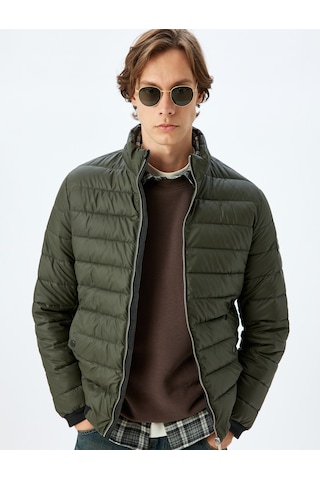 Koton Dik Yaka Etiket Detaylı Lateks Kumaş Slim Fit Şişme Ceket Haki 5wam20029hw Haki
