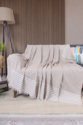 Pamuklu Püsküllü Elmas Desenli Koltuk Örtüsü 170x210 Cm Dekoratif Kanepe, Yatak Ve Tv Örtüsü Bej