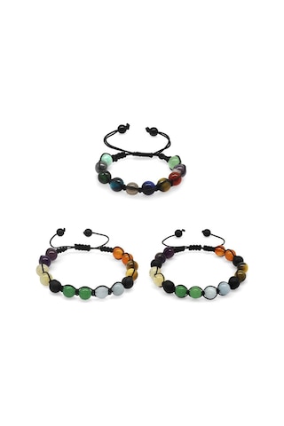 Makrome Örgülü Küre Kesim Multicolor Doğaltaş Kombinli Erkek-kadın-çocuk Başarı Bilekliği 3lü Set Çok Renkli