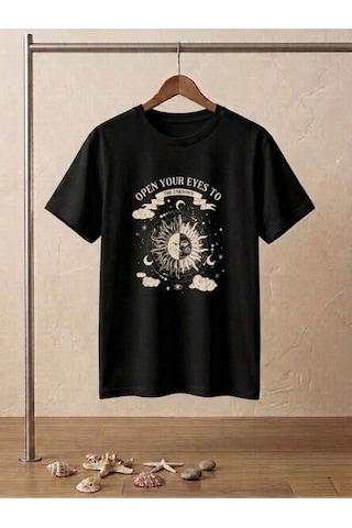 Siyah Güneş Ve Ay Baskılı Oversize T-shirt Siyah