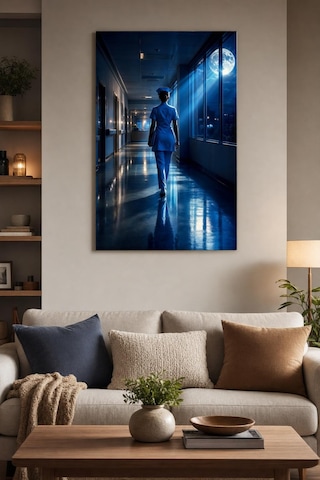 Gece Nöbeti Hemşire Baskılı Cam Tablo Uv Baskı Modern Hastane Duvar Dekoru
